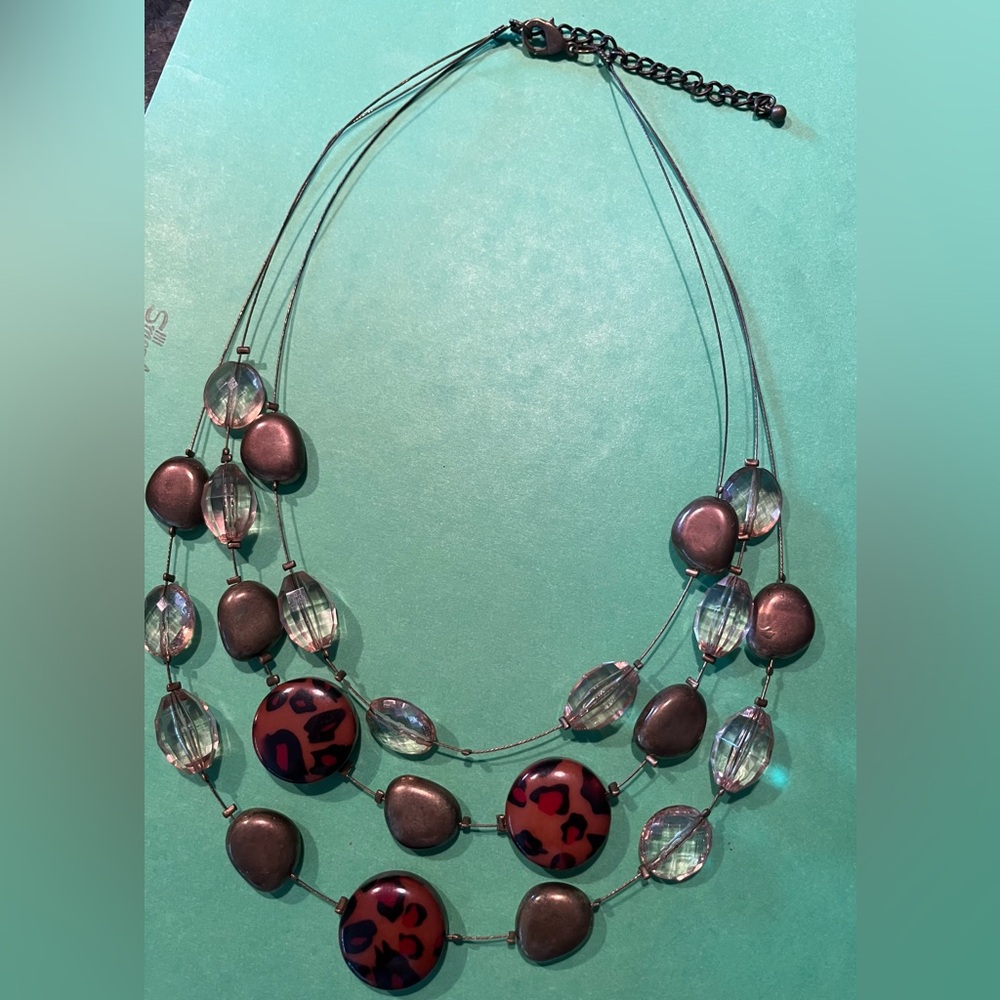 Elegant Multi-Strand Necklace with Red and Black Accents, triple strand, beads